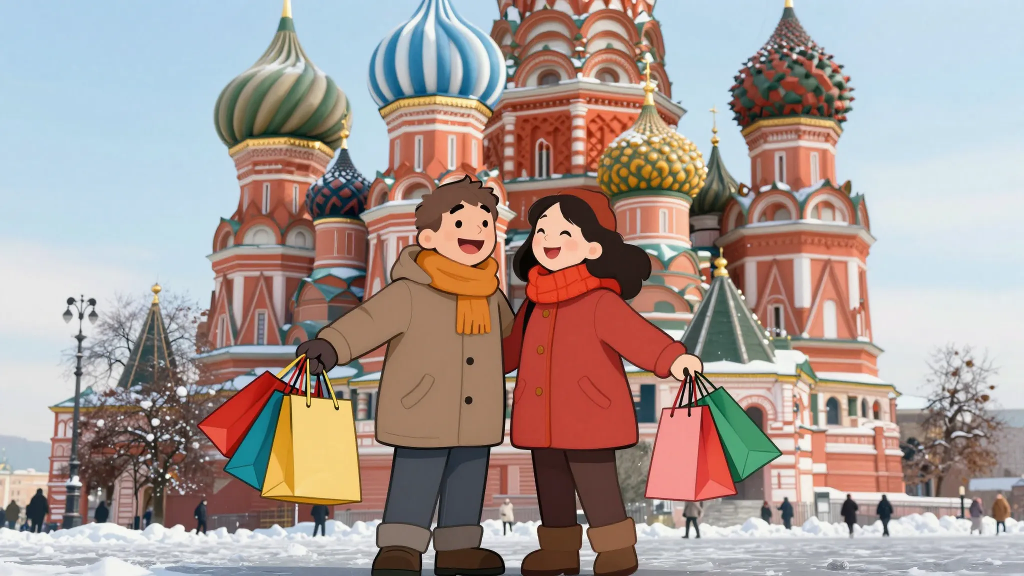 A funny cartoon of a happy couple in winter clothes standing...
