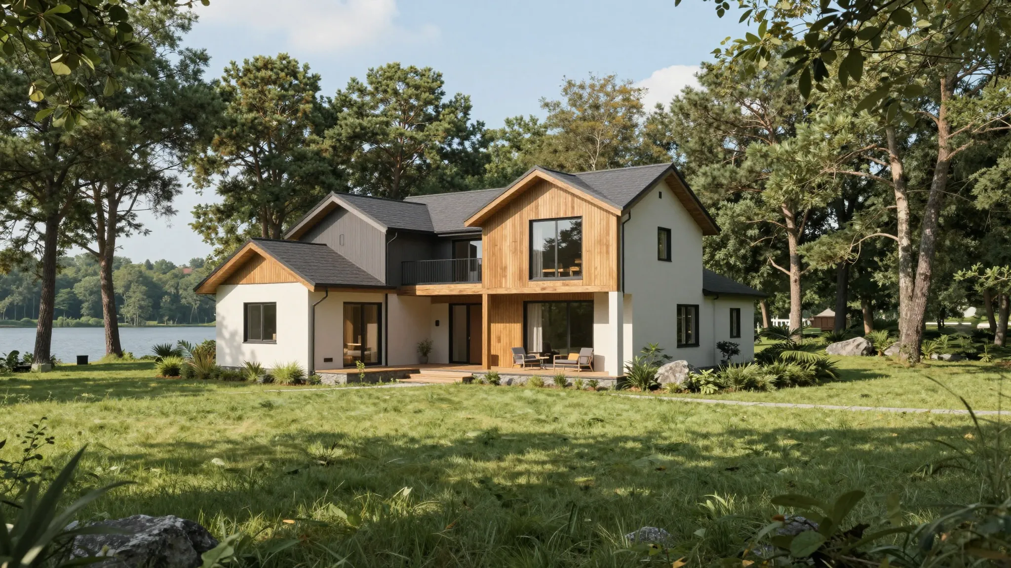 A cozy modern house plan on a green plot of land near a lake...