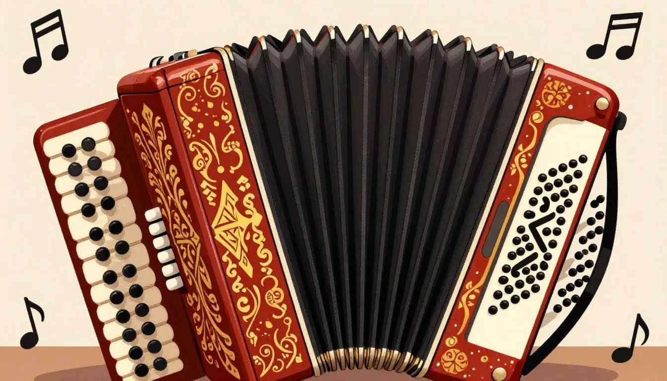 Traditional Russian accordion with golden patterns on the be...