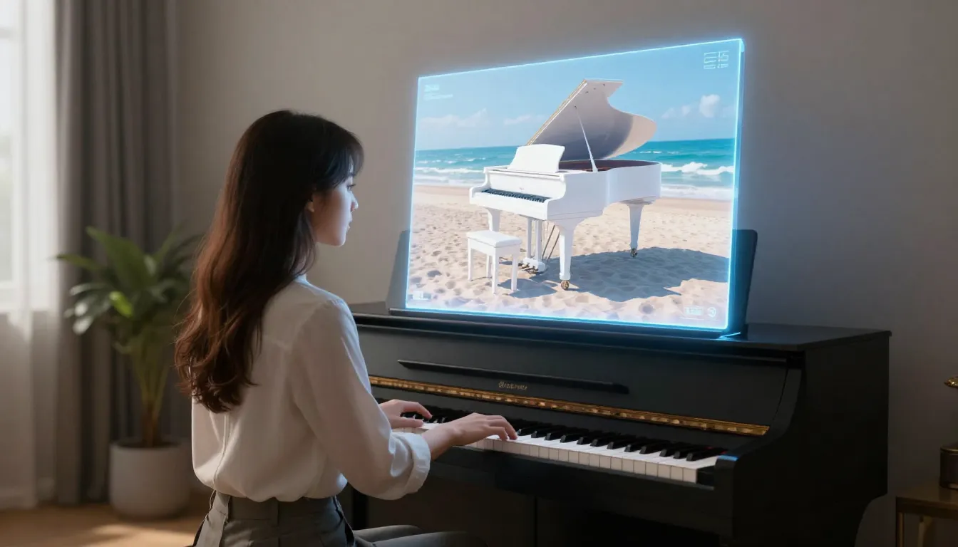 A young woman sitting at a piano in a modern room, a glowing...