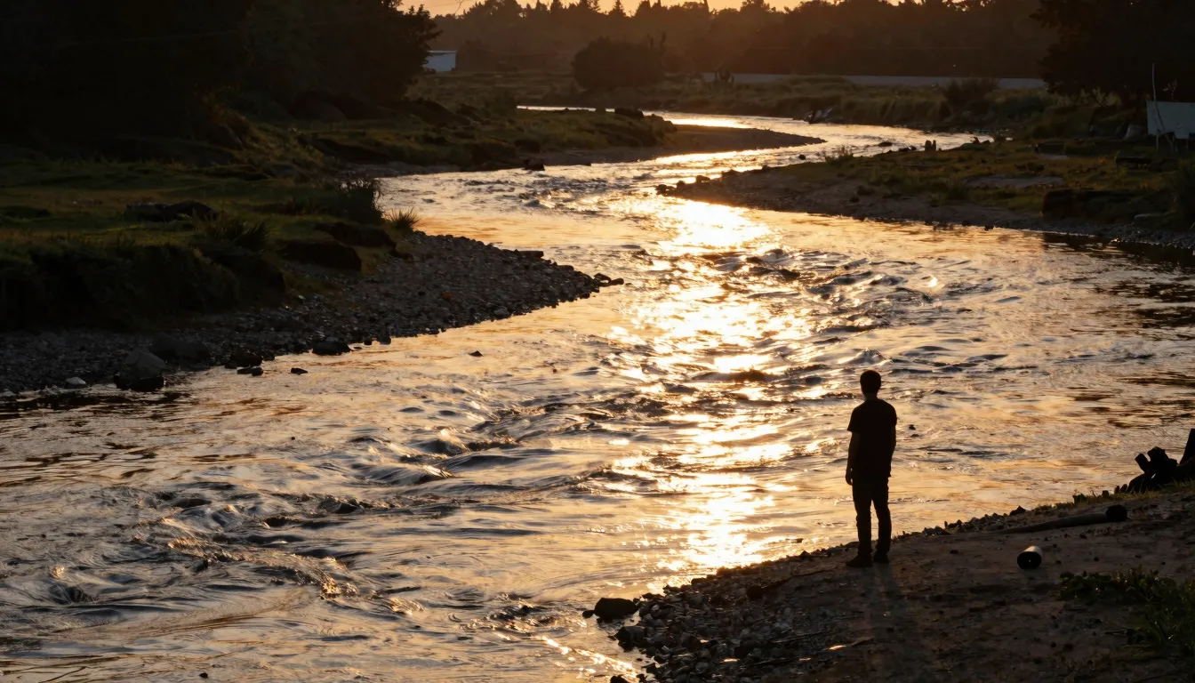 A serene landscape with a flowing river reflecting a golden ...