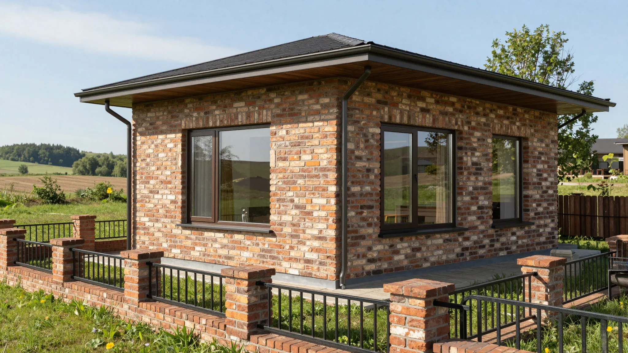 A modern cozy cottage with a ceramic brick facade, panoramic...