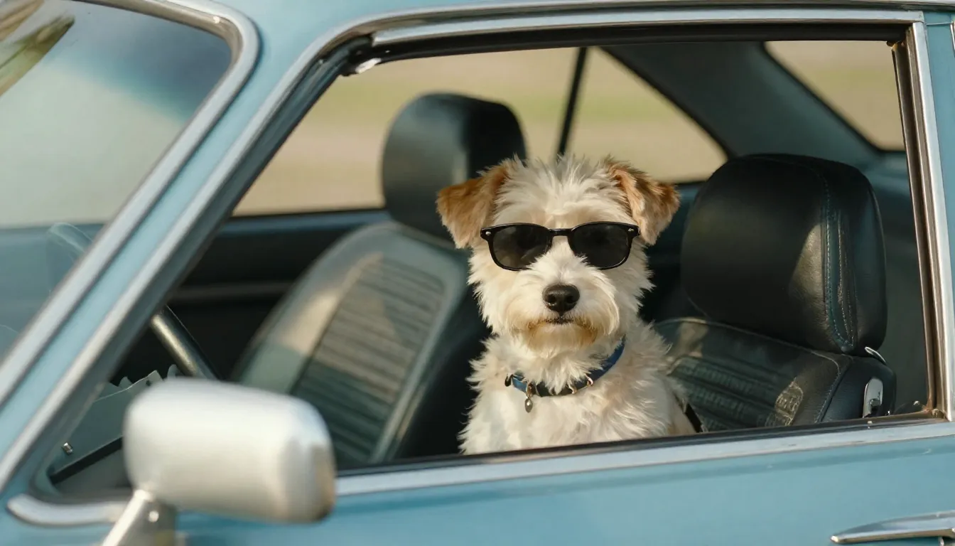 A cute dog sitting in a driver's seat of a vintage car, wear...