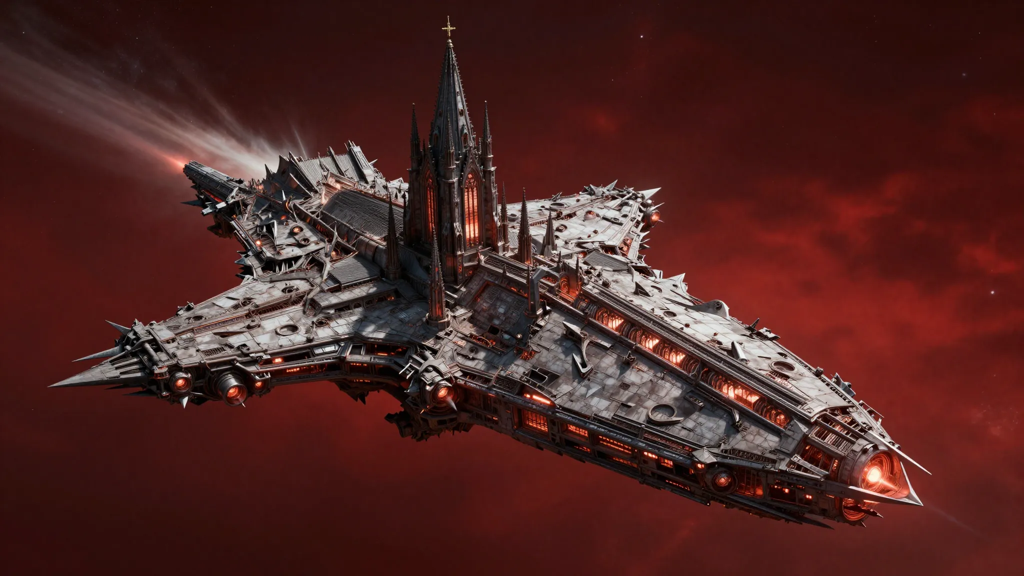 A massive gothic spaceship shaped like a cathedral flying th...