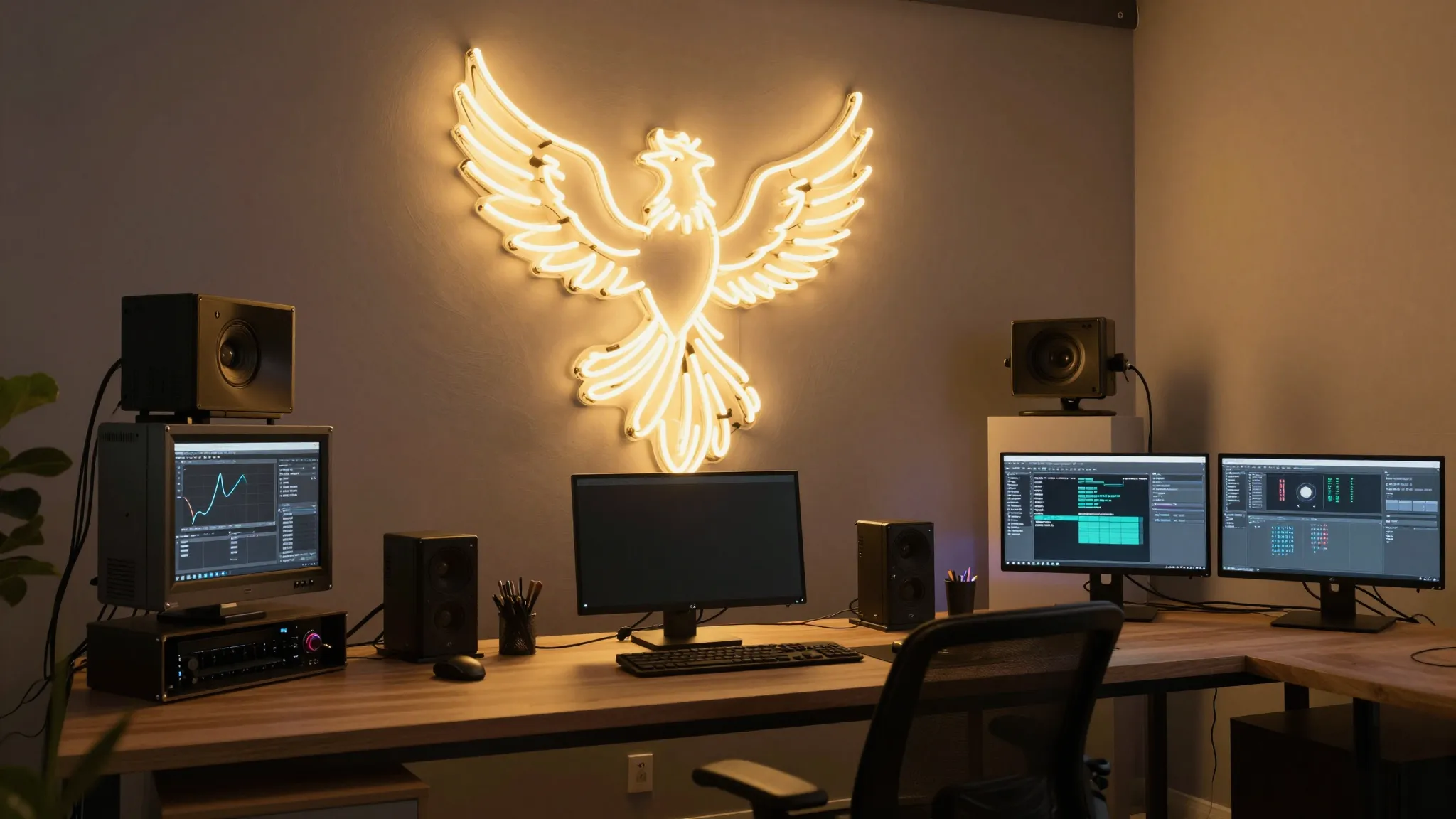 A professional creator studio with a glowing neon sign of a ...