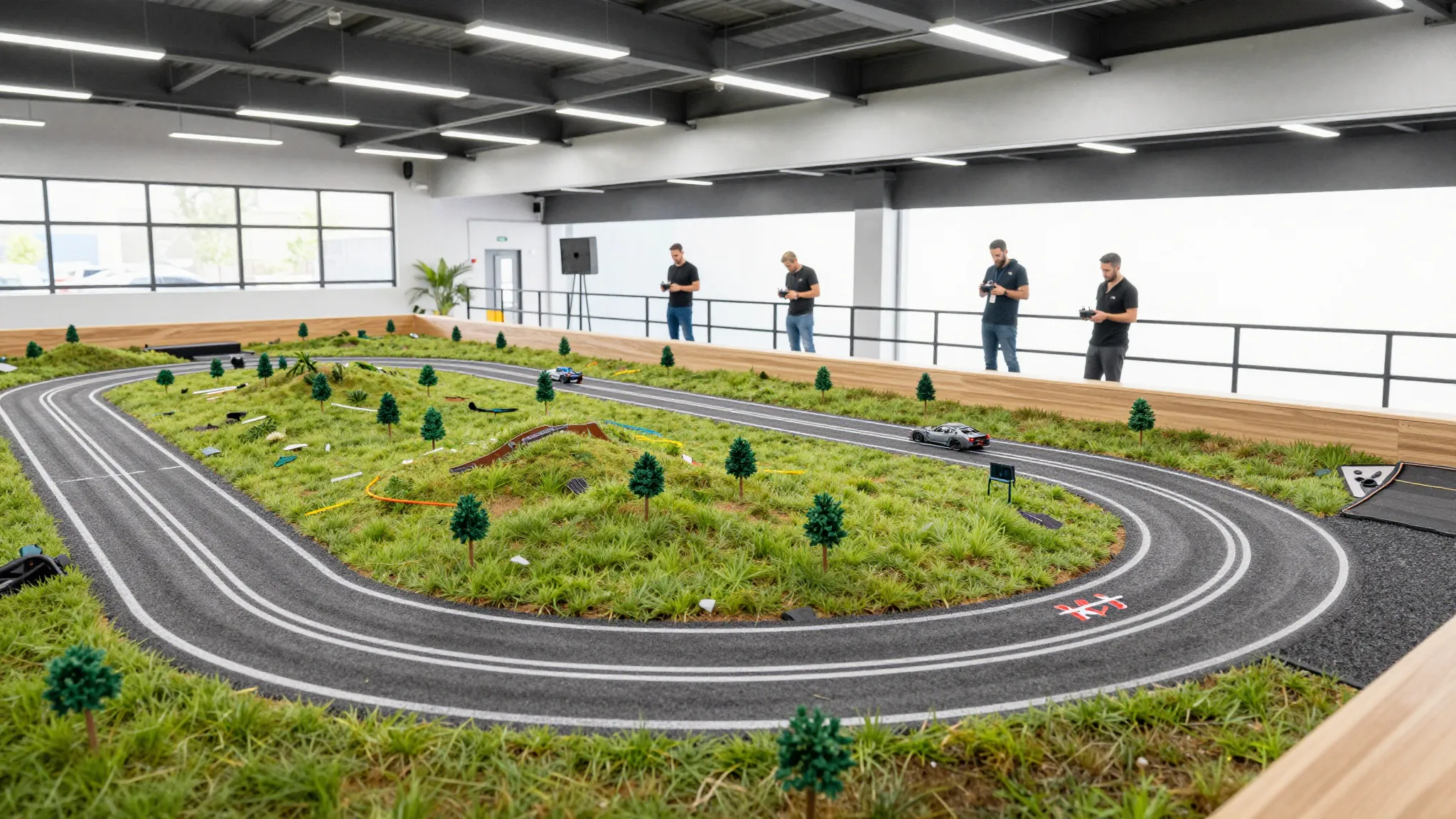 Wide shot of a modern indoor RC drift arena, miniature lands...