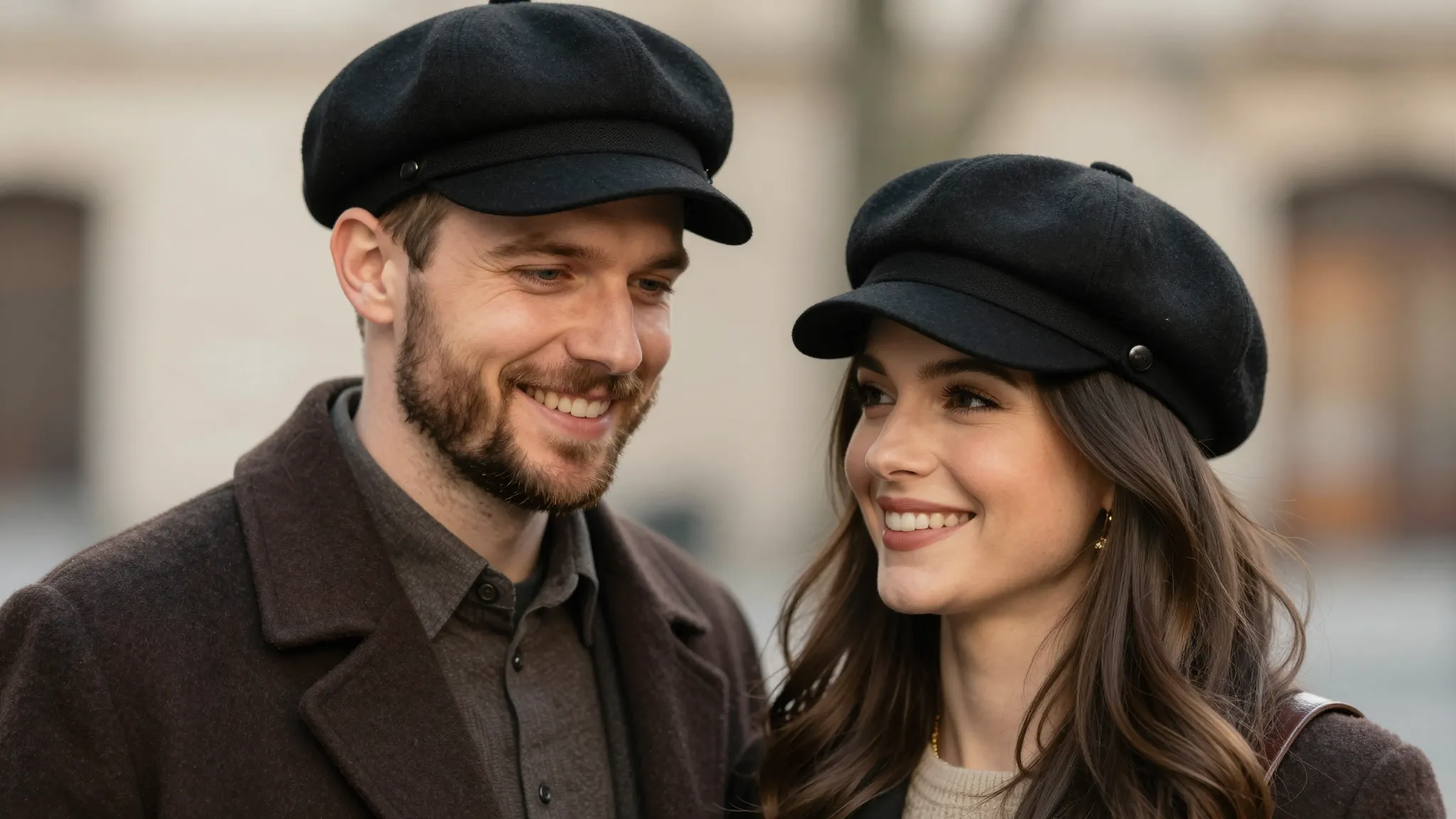A happy couple standing together, both wearing stylish black...