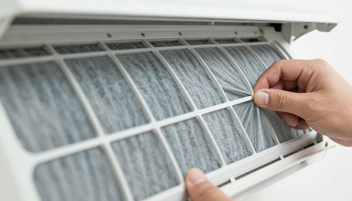 Close-up of a clean air conditioner filter being replaced by...