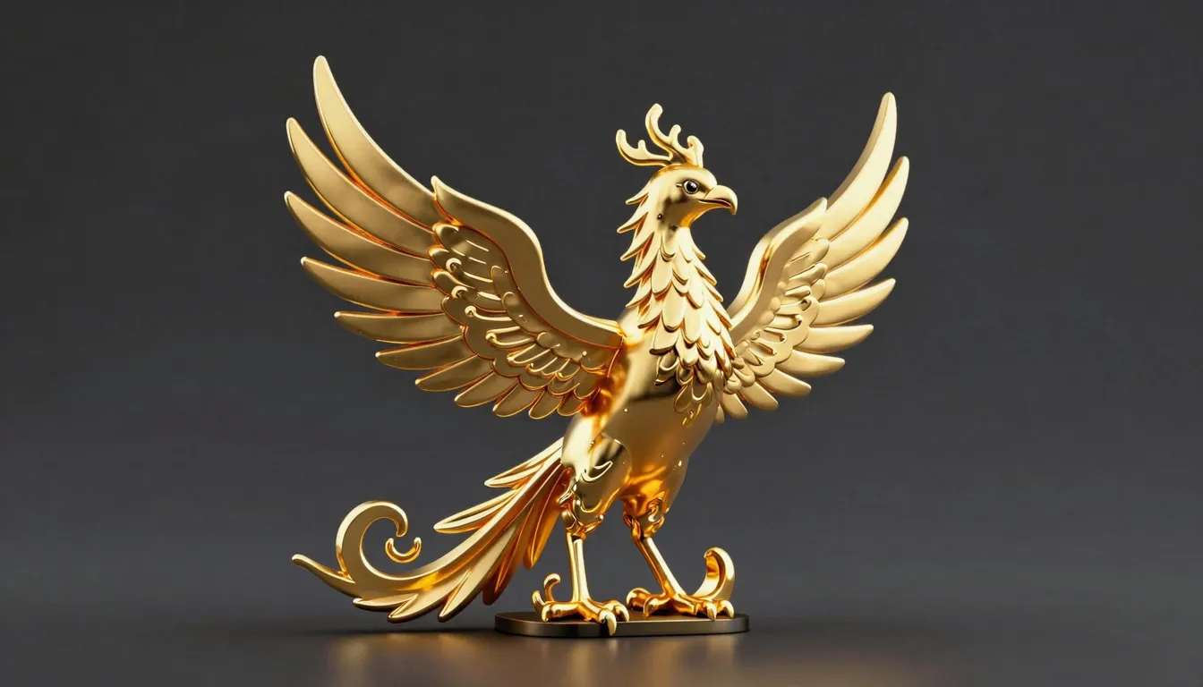 A stylized phoenix bird made of liquid gold and fire, rising...