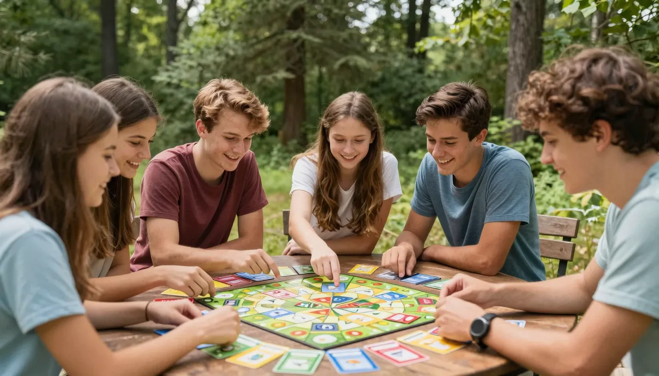 A group of happy teenagers sitting around a table in a summe...