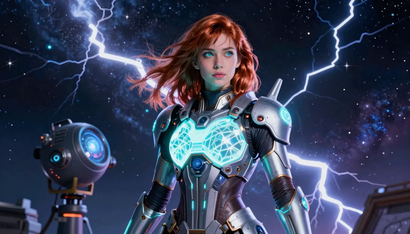 Portrait of a brave woman in glowing sci-fi armor, copper ha...