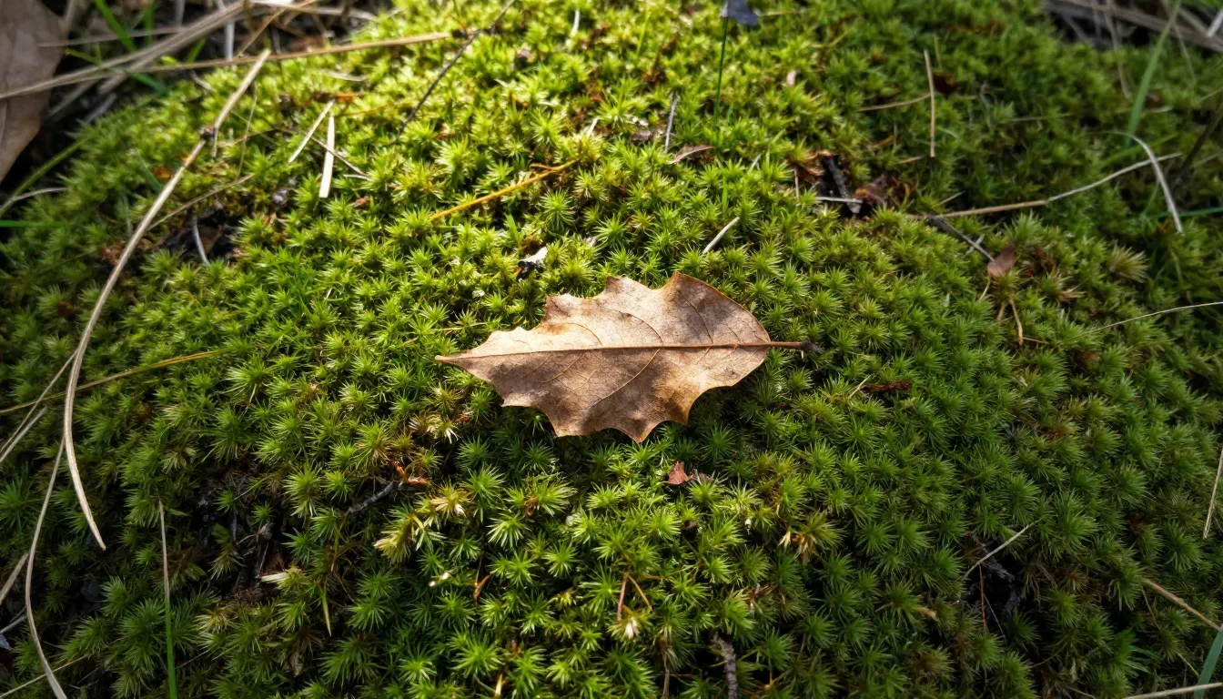 Top view of a lush green mossy forest floor with a single dr...