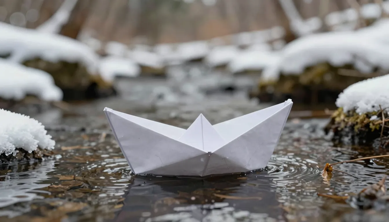 Artistic photography of a paper boat in a forest stream, mel...