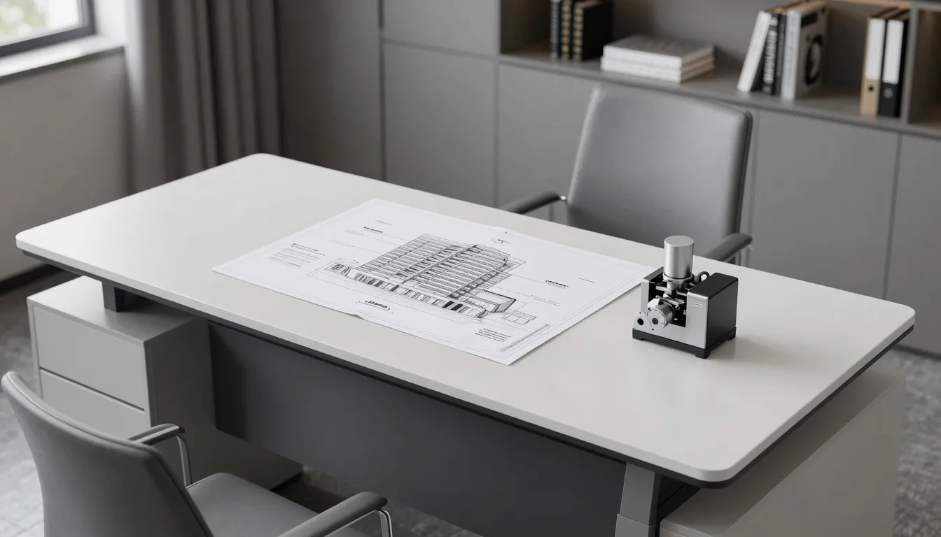 A modern office desk with a blueprint of a building and a mi...