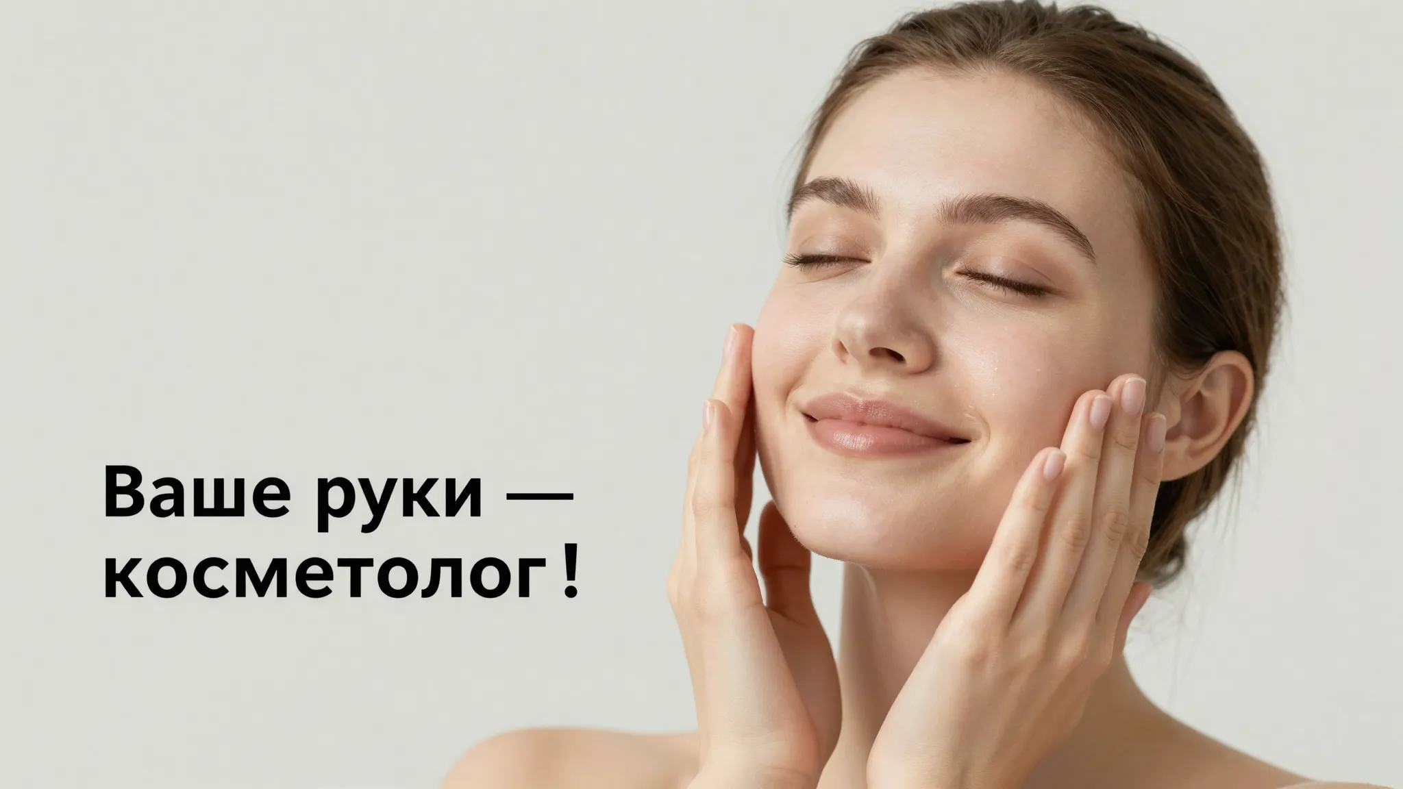A woman gently massaging her face with her hands, looking re...