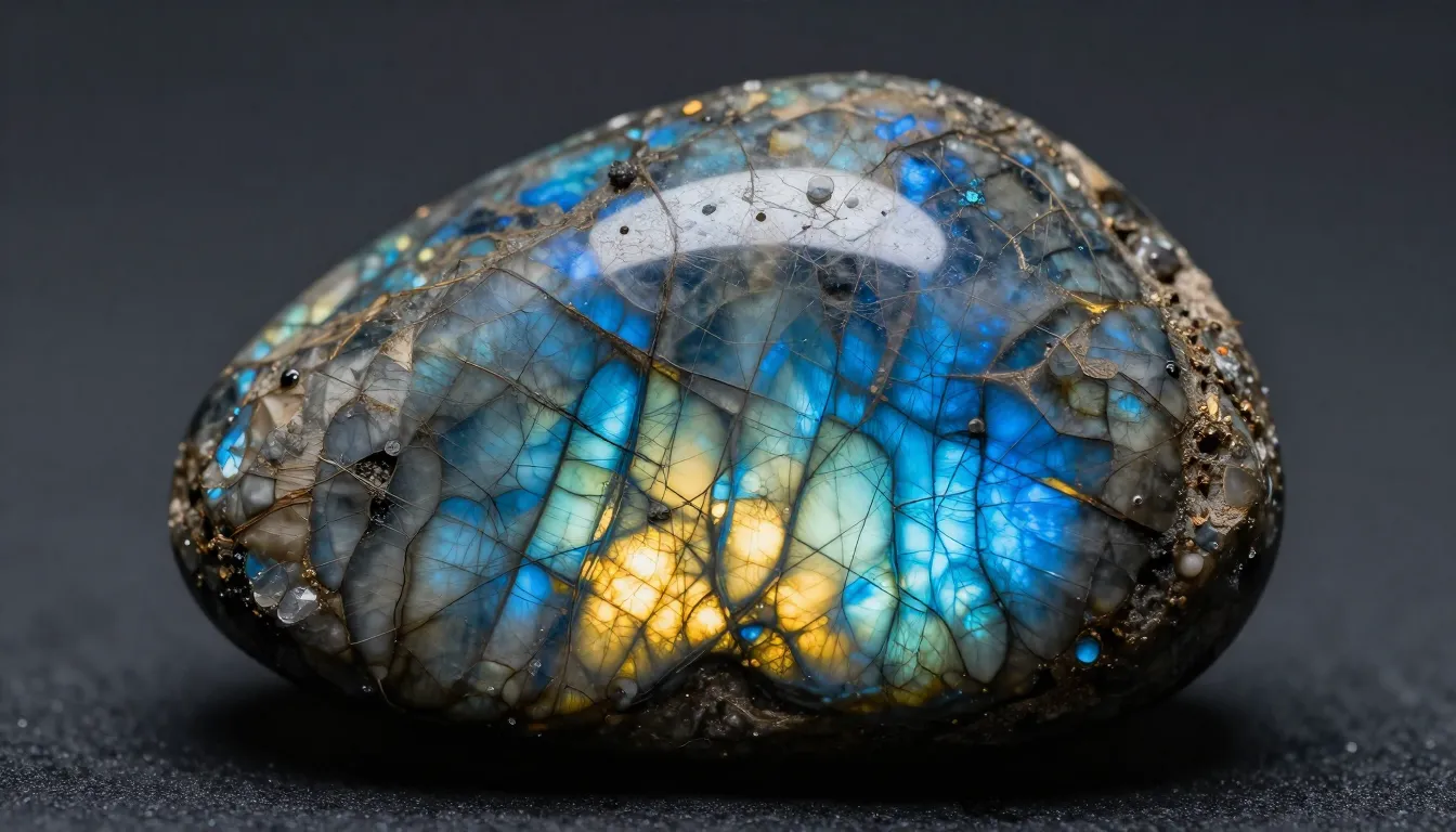 Macro photography of a high-quality labradorite stone showin...