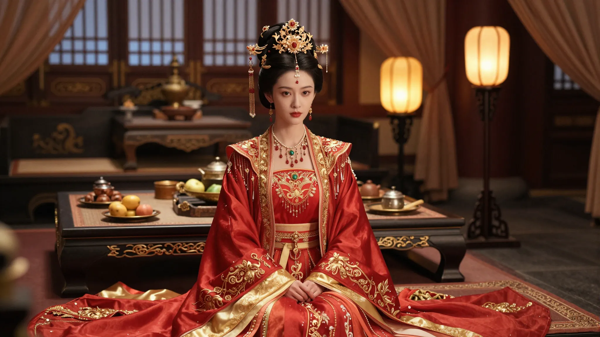 A stunning young Chinese noblewoman in a lavish red and gold...