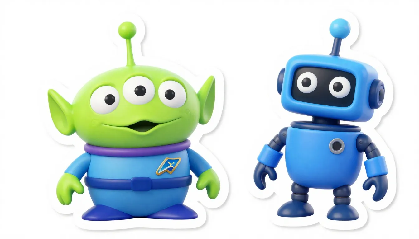 3D sticker of a blue alien and a blue robot, both in a playf...