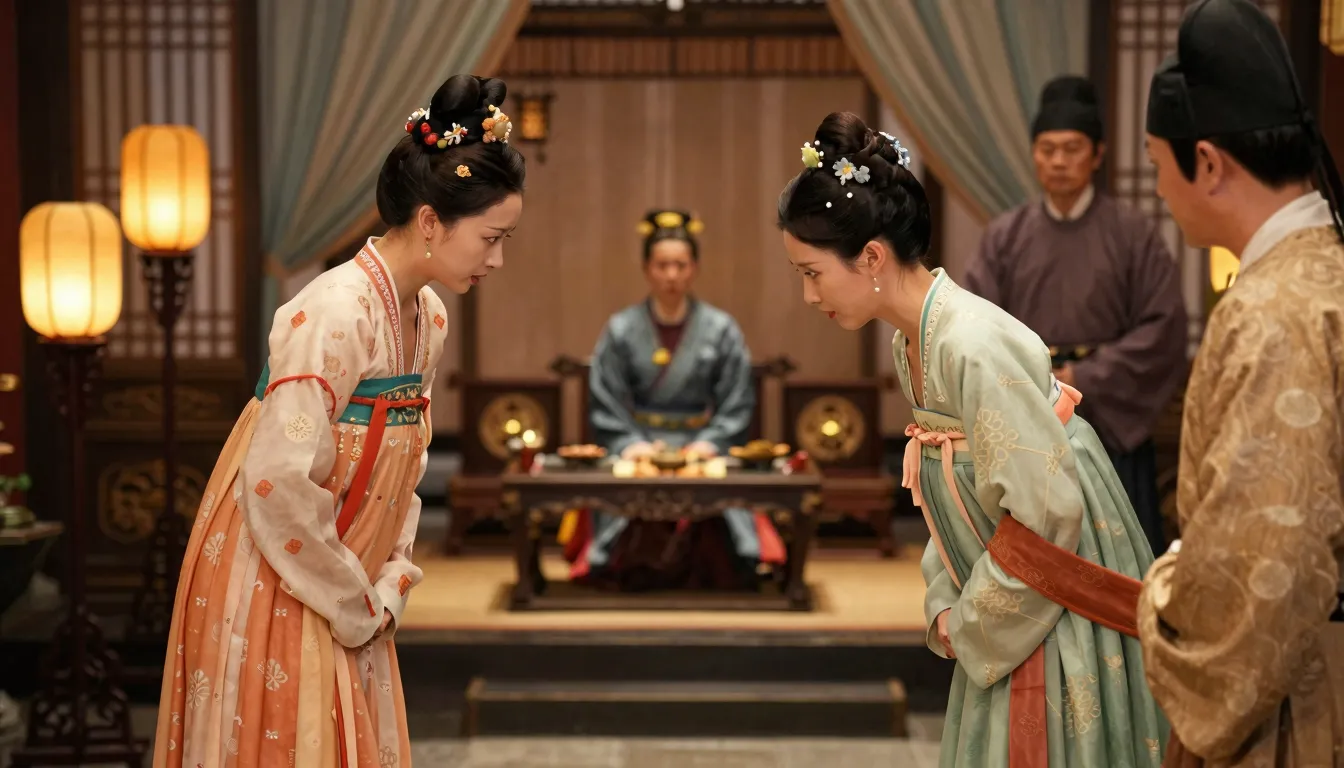 Two Chinese noble sisters in ornate hanfu bowing before thei...