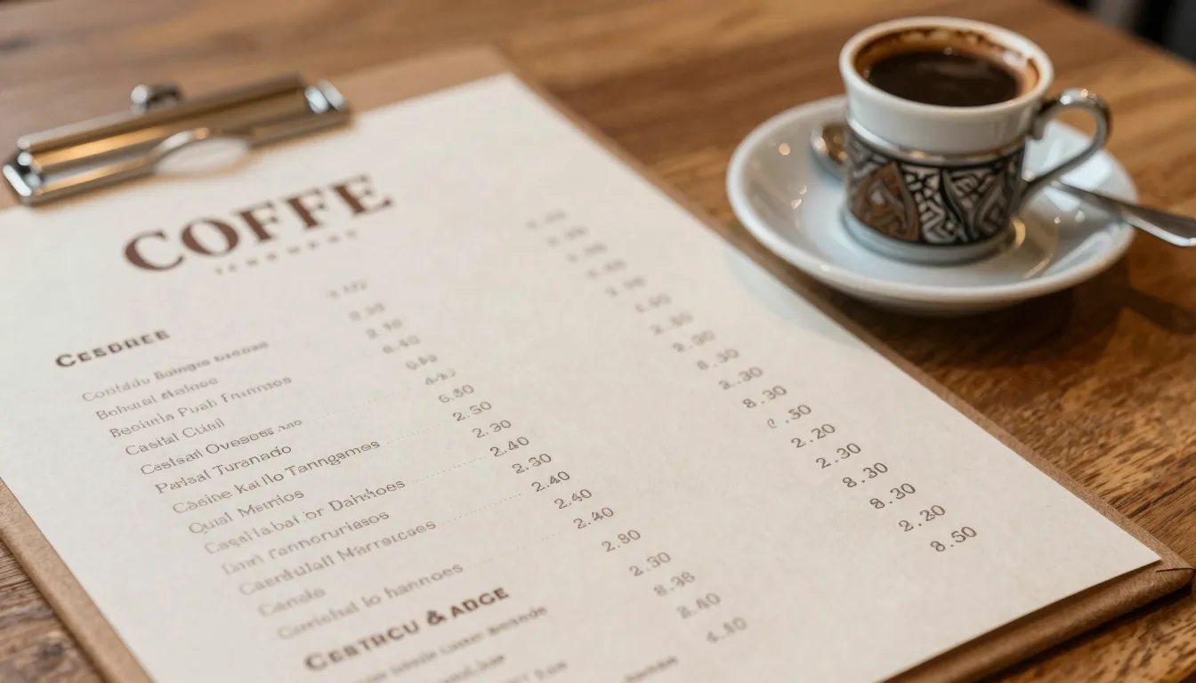 Close up of a stylish cafe menu on a wooden table with Turki...