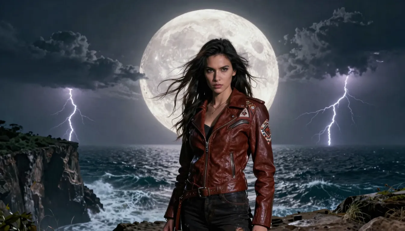 A powerful woman standing confidently on a high cliff edge o...