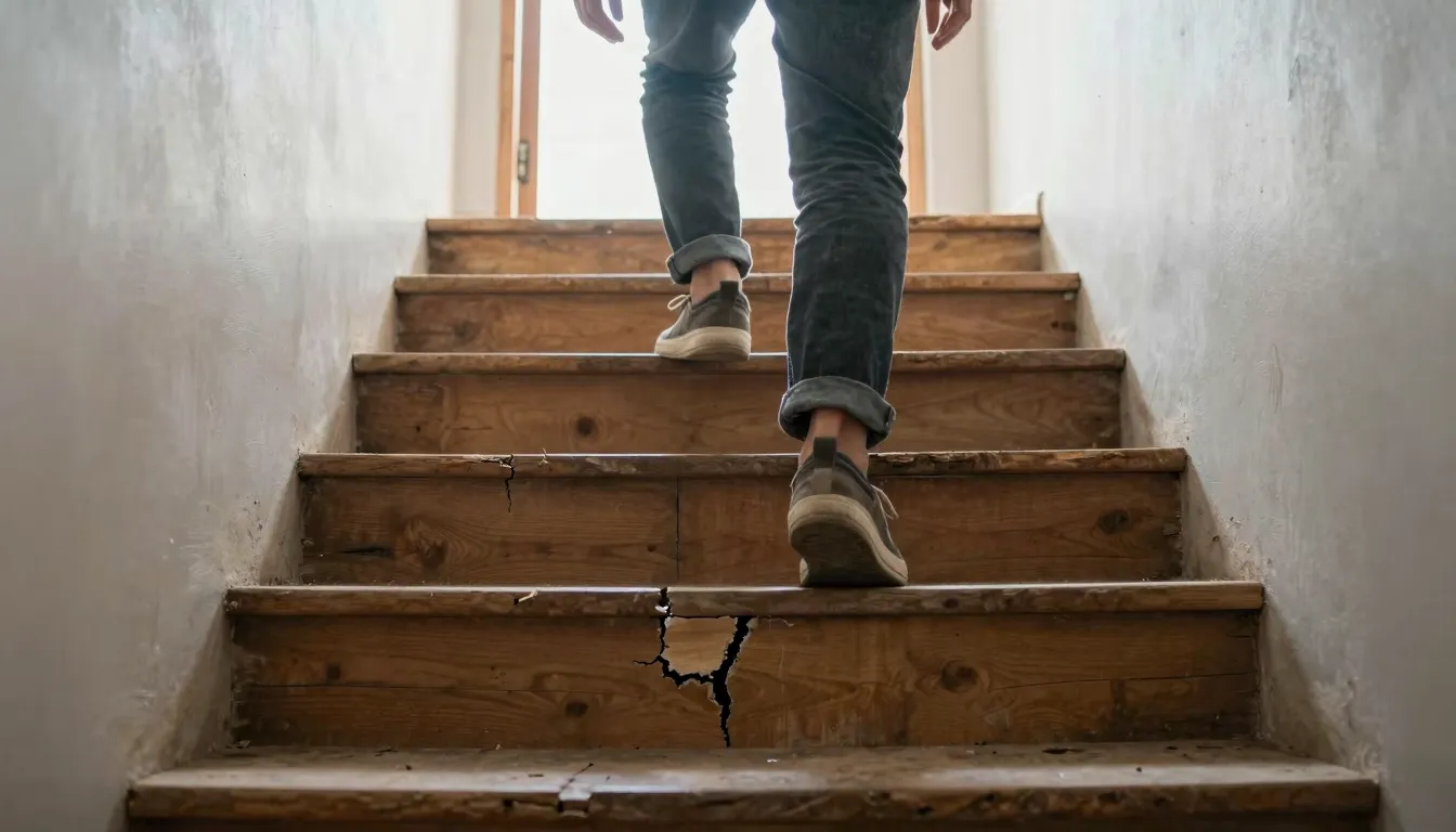 A hyper-realistic image of a person climbing a staircase mad...