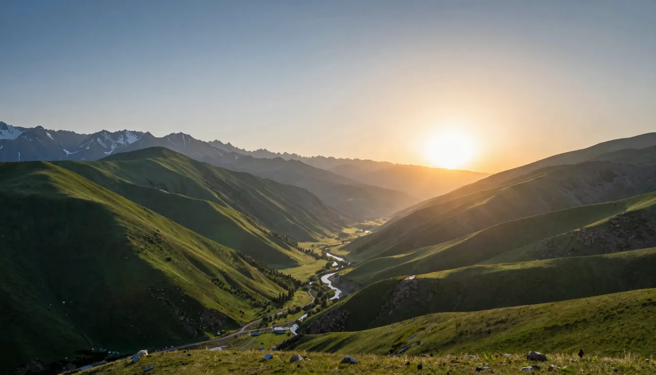 Peaceful morning landscape of Kyrgyzstan mountains with a ri...