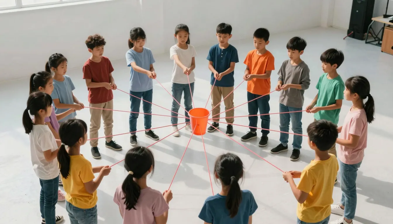 A group of 15 children in a bright studio holding strings at...
