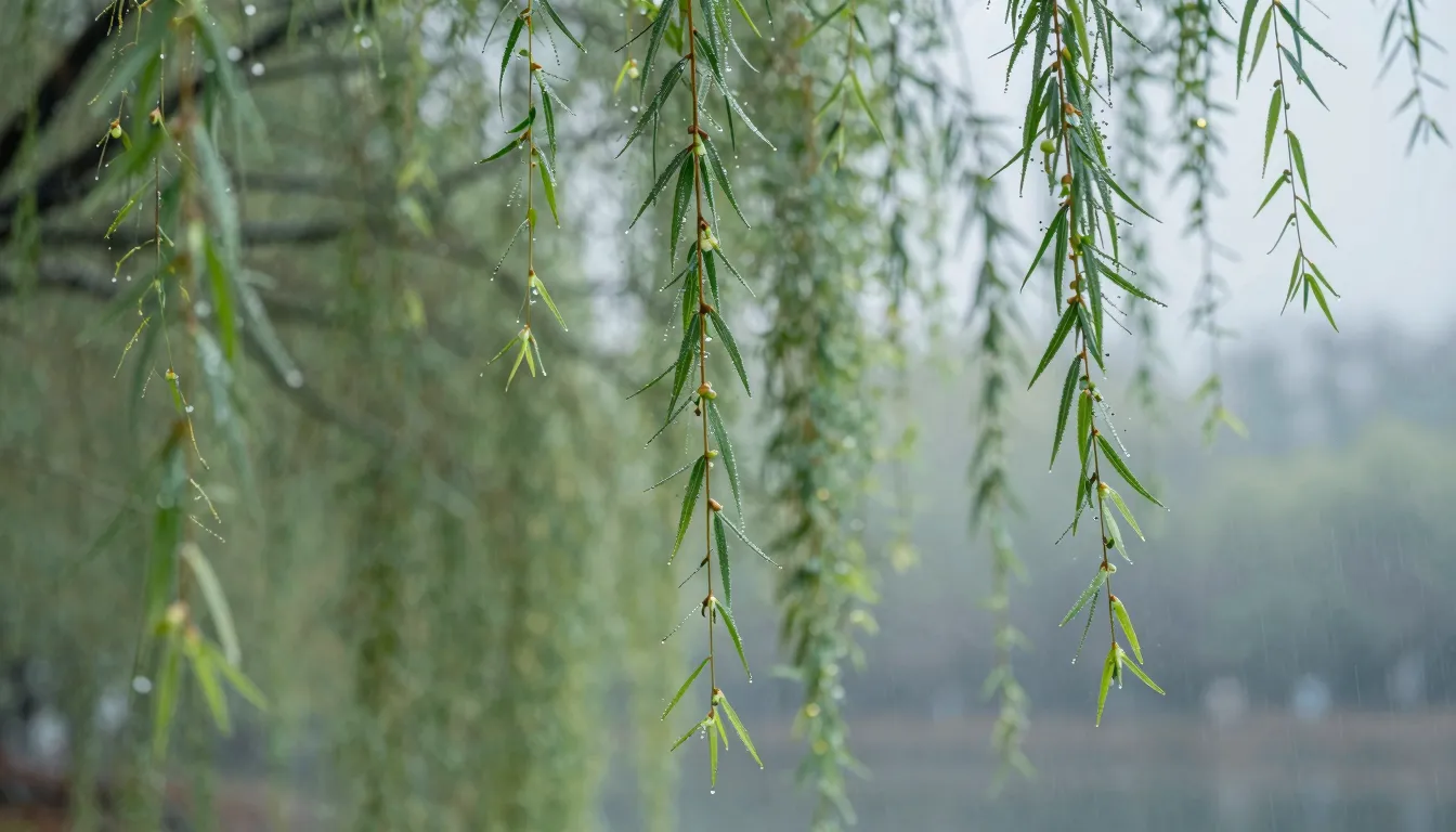 A curtain of weeping willow branches covered in morning dew,...