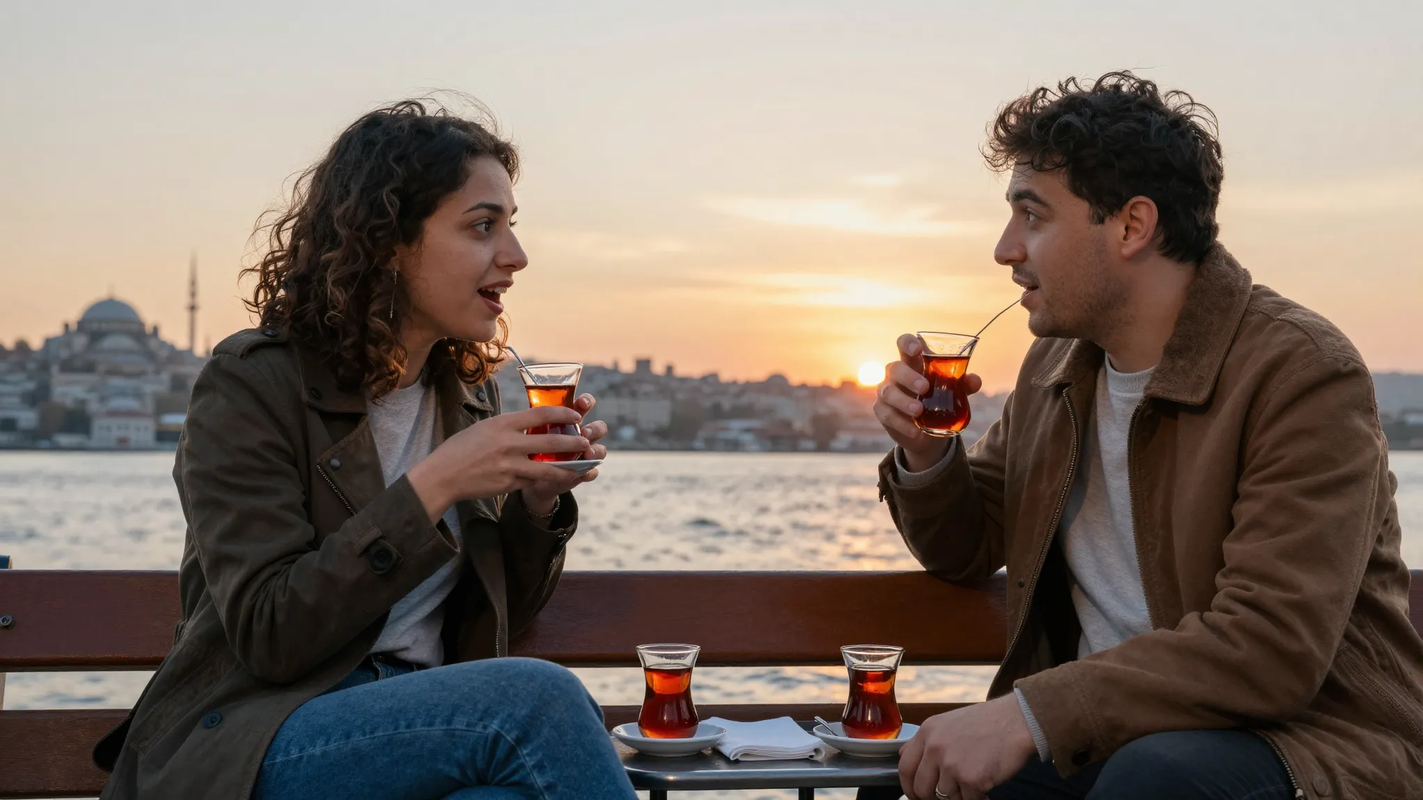 Two friends sitting on a bench by the Bosphorus in Istanbul,...