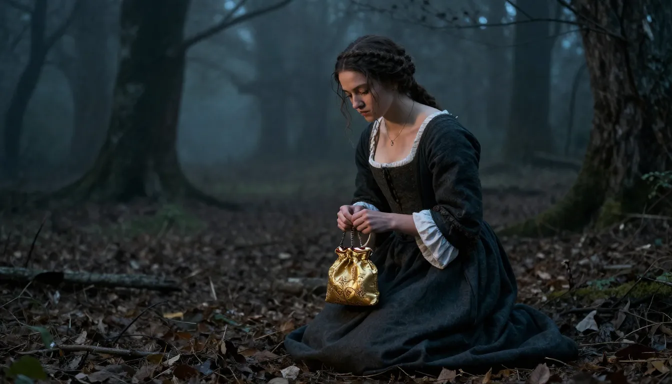 A young woman in 16th-century French peasant clothing kneeli...