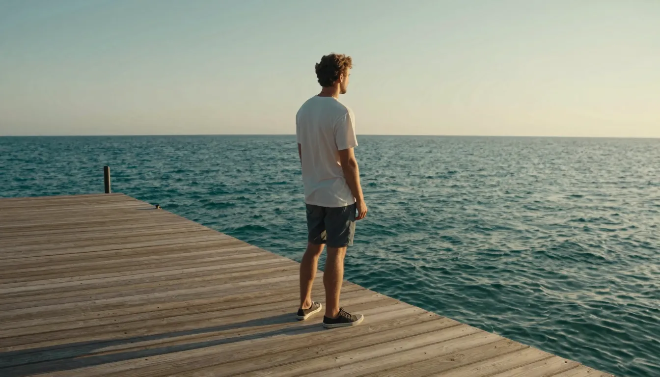 A man standing on a sun-drenched wooden pier looking at the ...