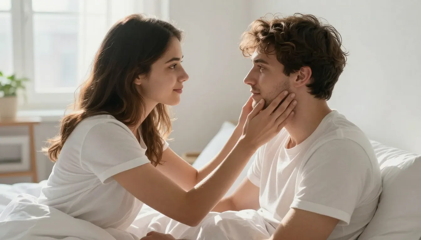 Scene 4: The couple sitting up in bed, the woman gently cupp...