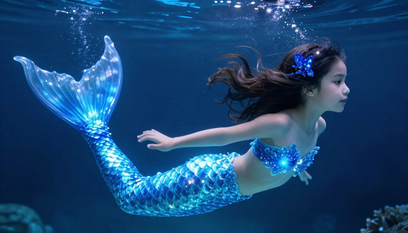 A magical transformation of a girl into a mermaid, glowing b...