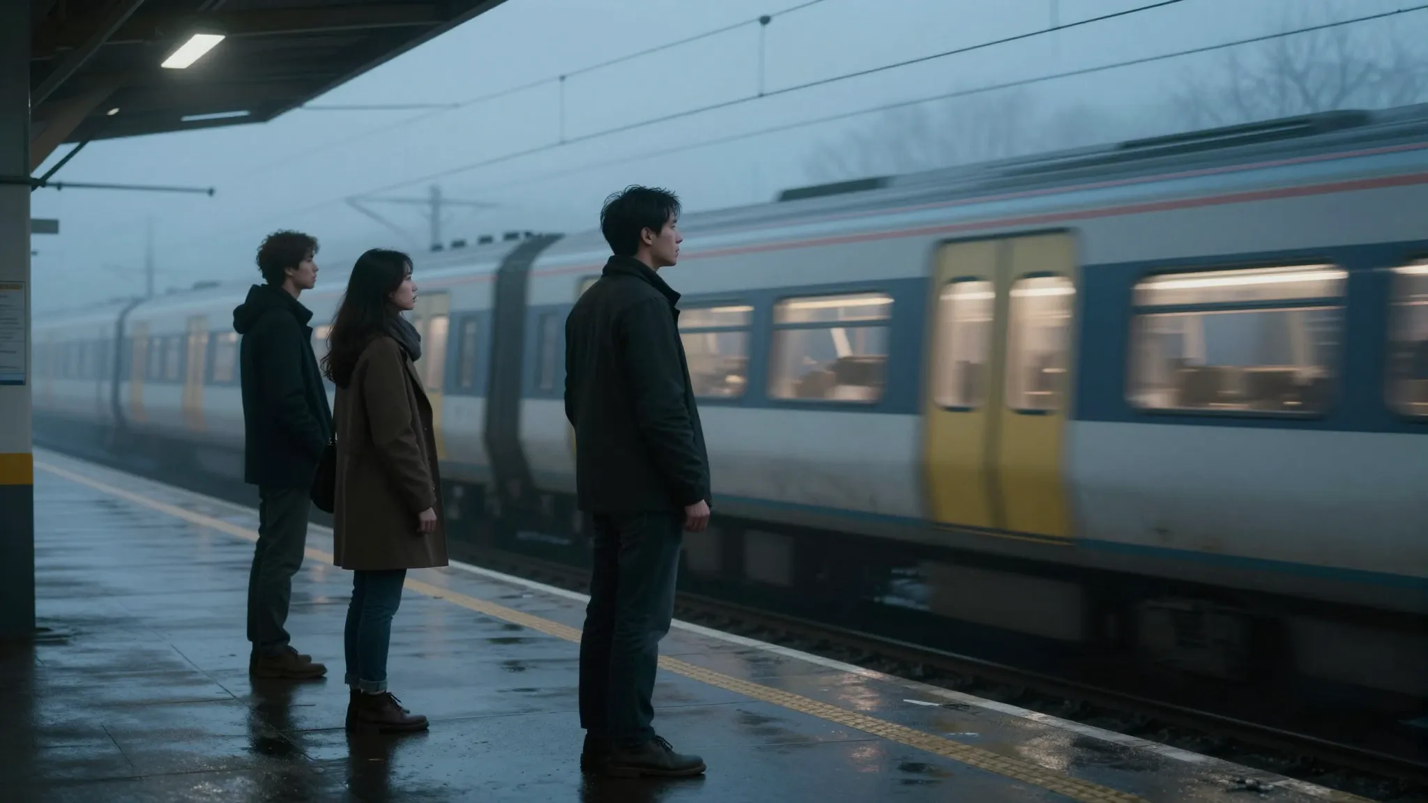 A cinematic shot of a railway platform at dusk. A man and a ...
