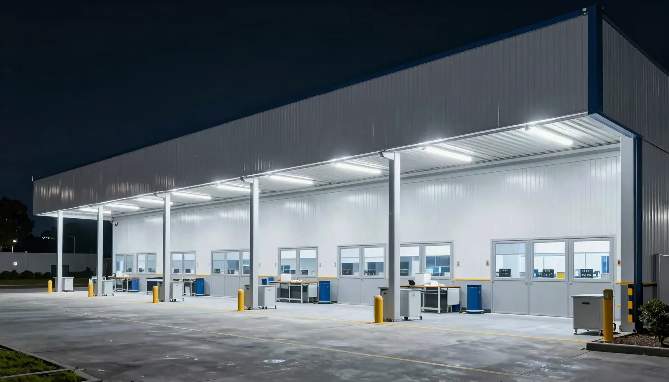 A clean and modern distribution center exterior at night, br...