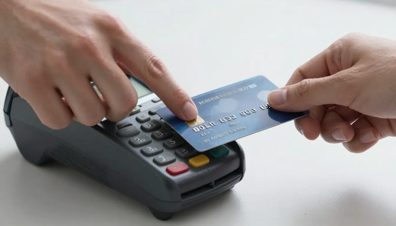 A close up of a hand tapping a credit card on a payment term...