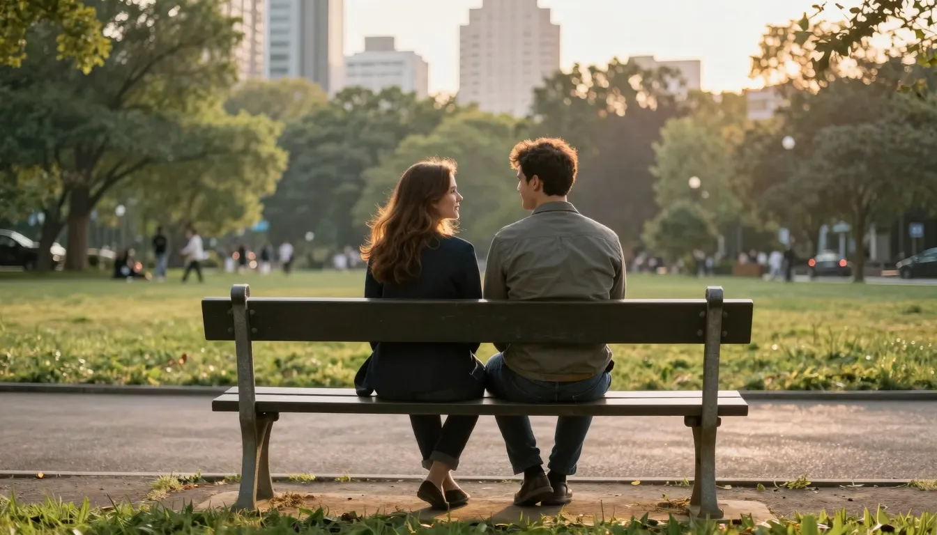 A romantic couple sitting on a bench in a city park, soft go...
