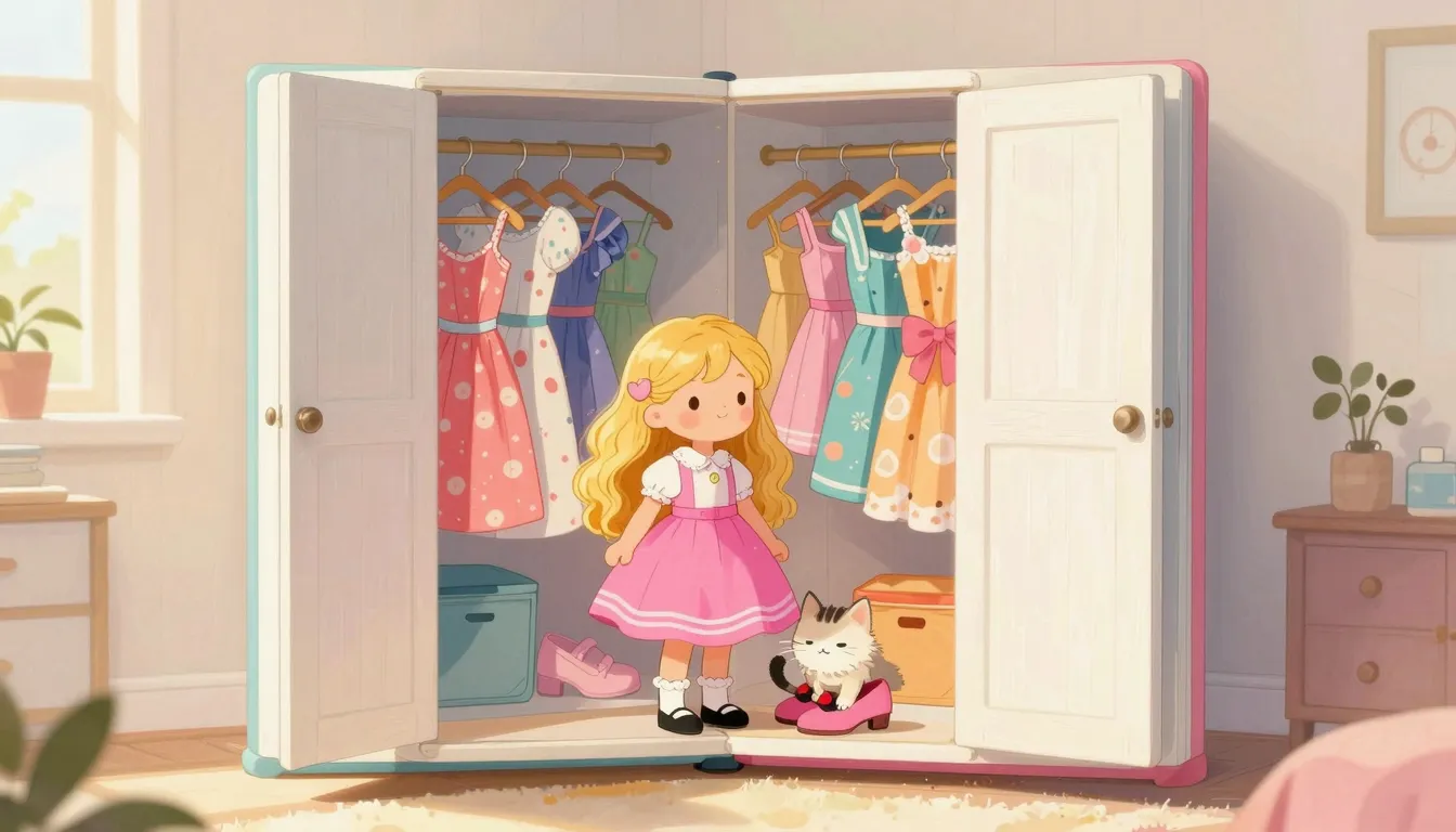 Children's book illustration, spread 1. A cute girl with lon...