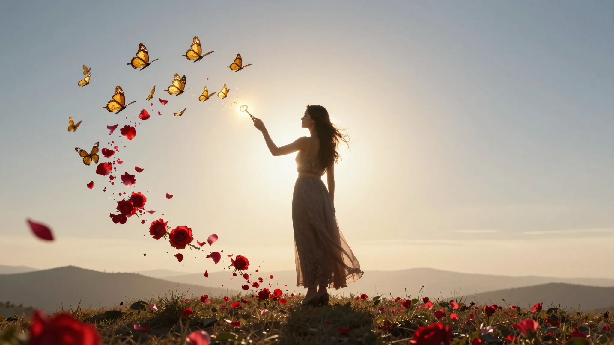 A woman standing on a hill at dawn, looking towards a bright...