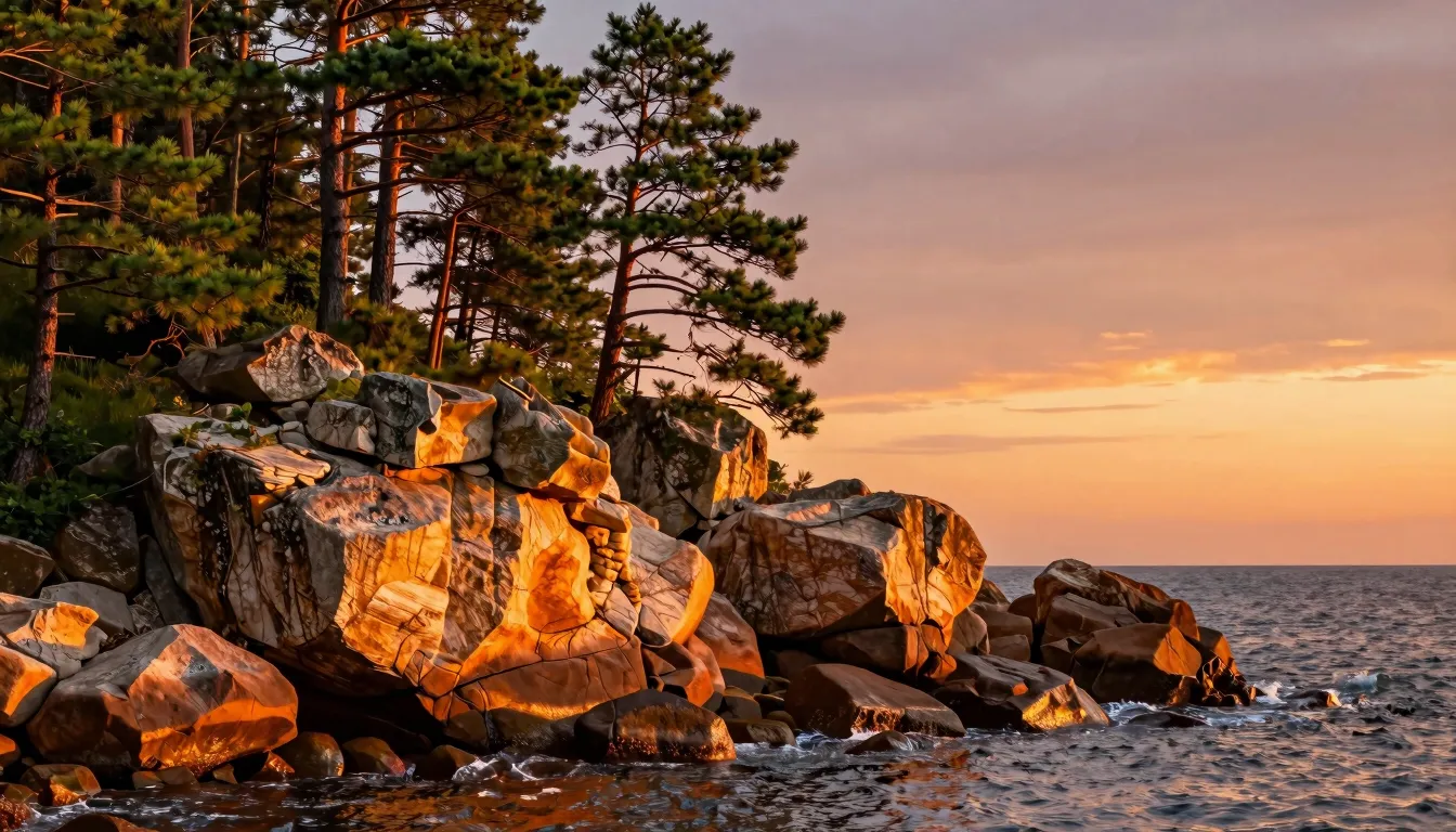 Vibrant sunset at a rocky sea coast where an ancient pine fo...