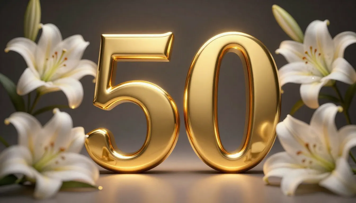 Elegant number 50 made of liquid gold, surrounded by white l...