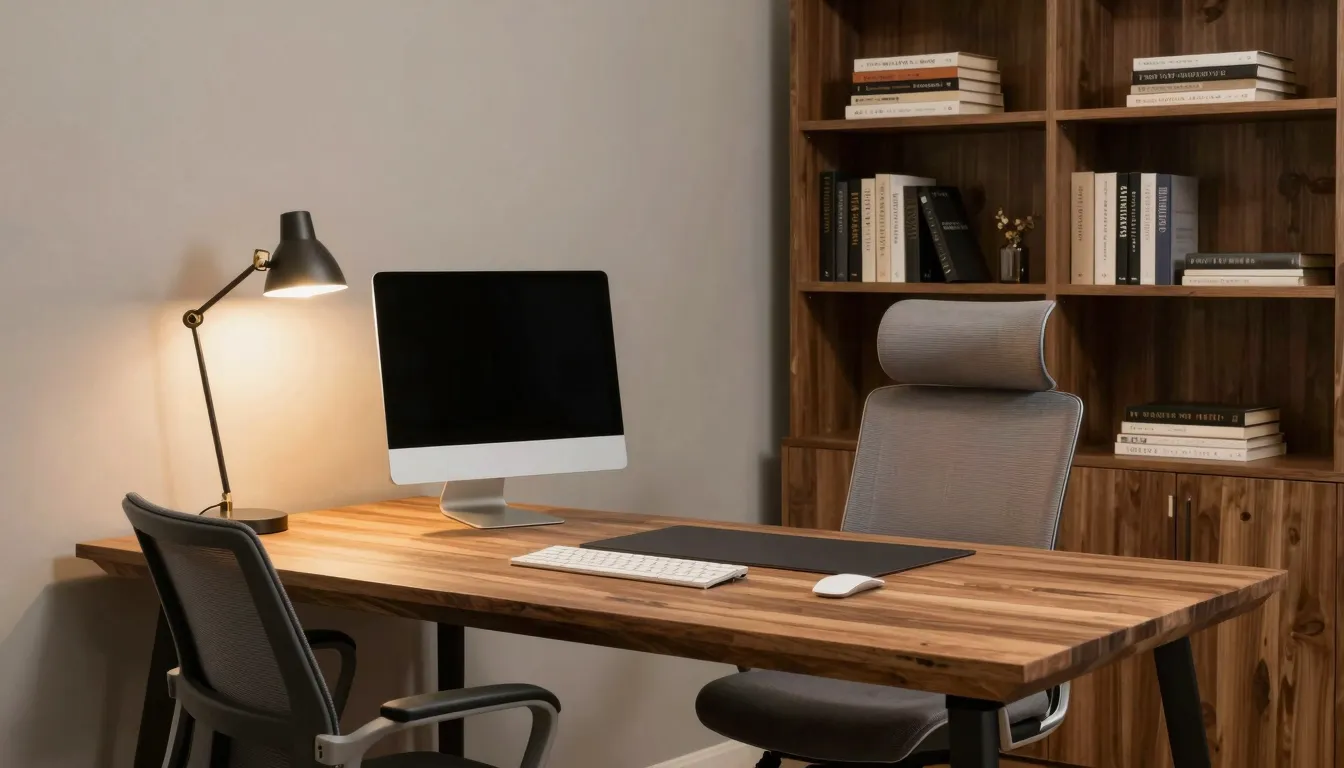 Stylish home office setup with a wooden desk, ergonomic chai...