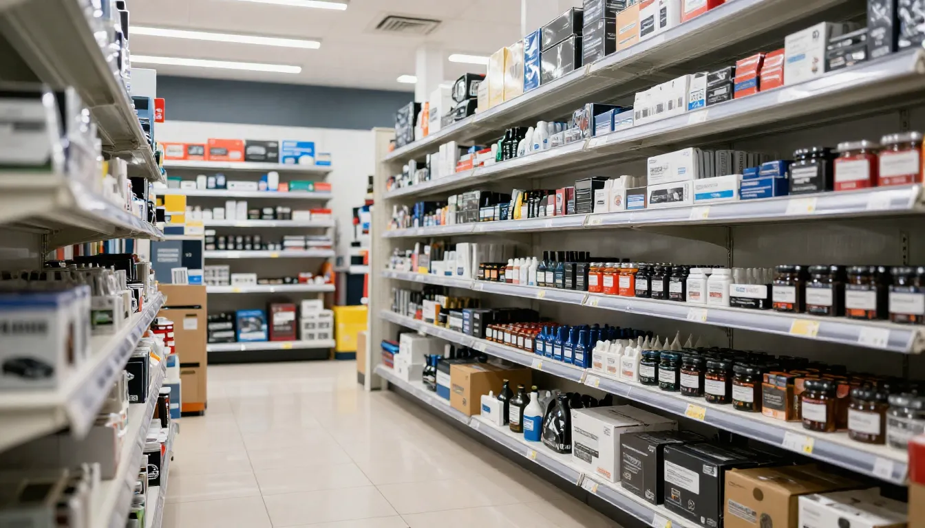 Modern auto parts store interior with organized shelves and ...