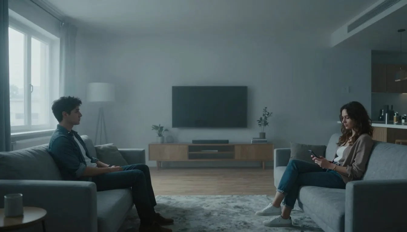 A man and a woman in a modern apartment, sitting at opposite...