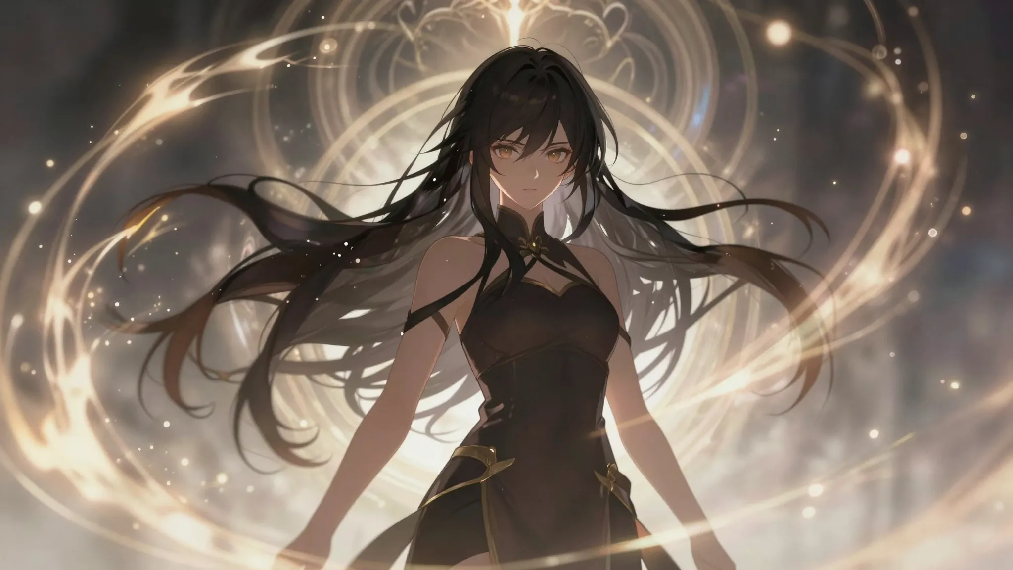 Anime style illustration, a young woman with long dark hair ...