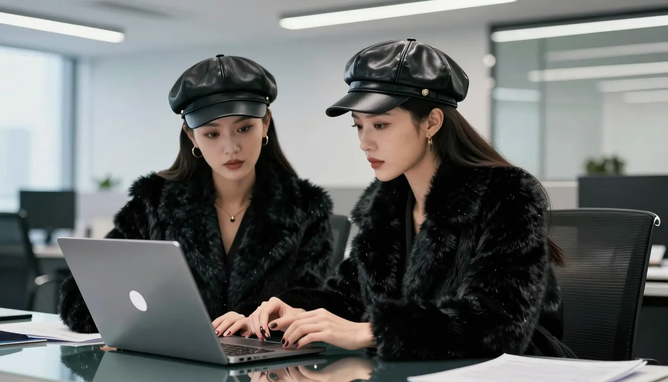 Two stylish Chinese business women in a modern high-tech off...