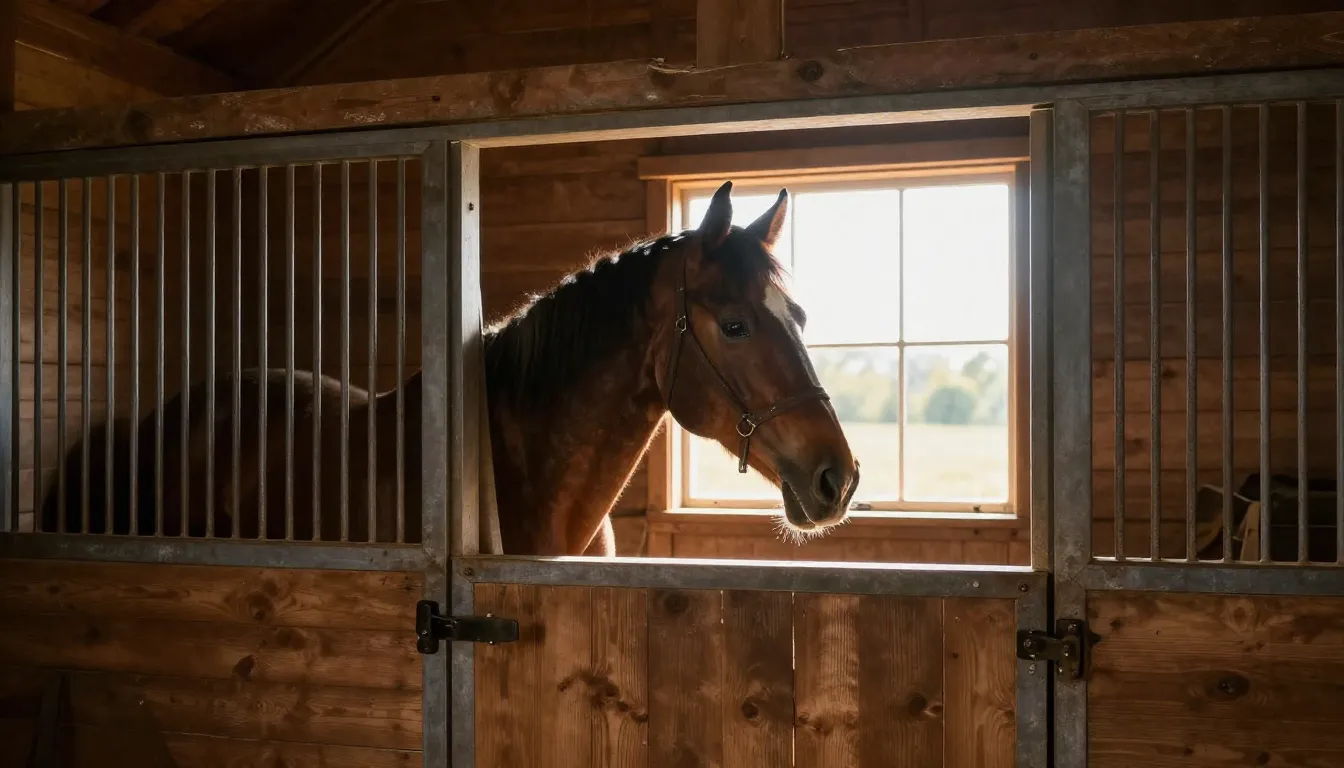 A cozy wooden stable interior with a horse looking out of th...