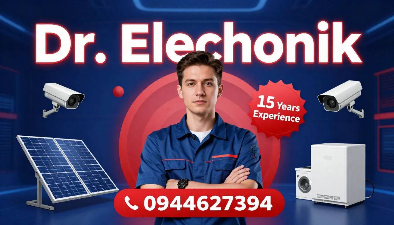 Modern advertising poster for 'Dr. Electronik'. A profession...