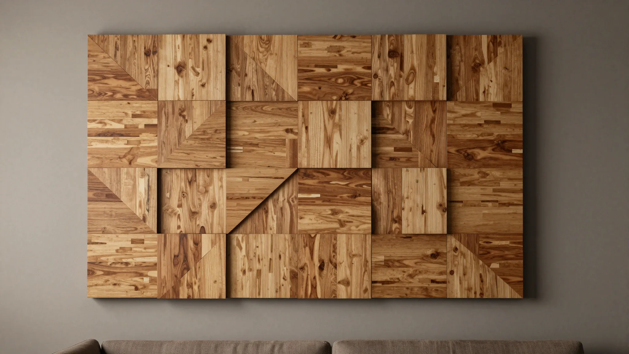 Elegant wooden wall art mosaic made of plywood pieces, geome...